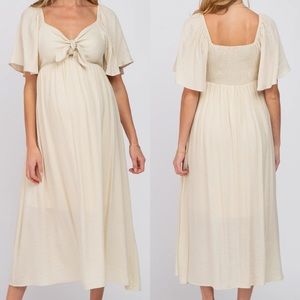 Ott Pinkblush cream beige tie front flowy sleeve midi dress. NWOT!